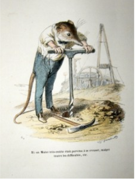 19th-century satirical illustration by Grandville: an anthropomorphized rat in trousers and shirt digs with a drill-like tool beside a mine winch.