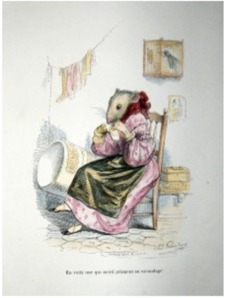 19th-century satirical illustration by Grandville: an anthropomorphized mouse in Victorian dress sits mending fabric beside a birdcage.