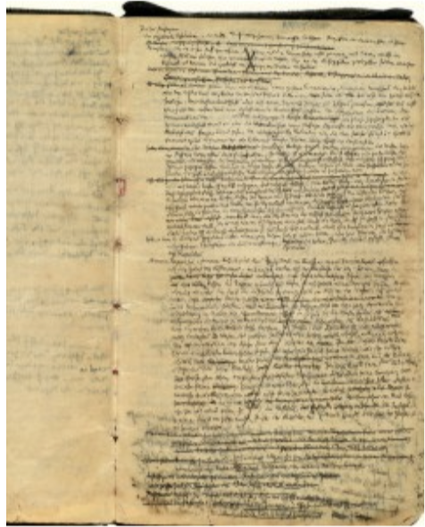 Two facing pages of a handwritten manuscript notebook, densely annotated with corrections and diagonal cancellation marks — Walter Benjamin's Passagen-Werk notes.