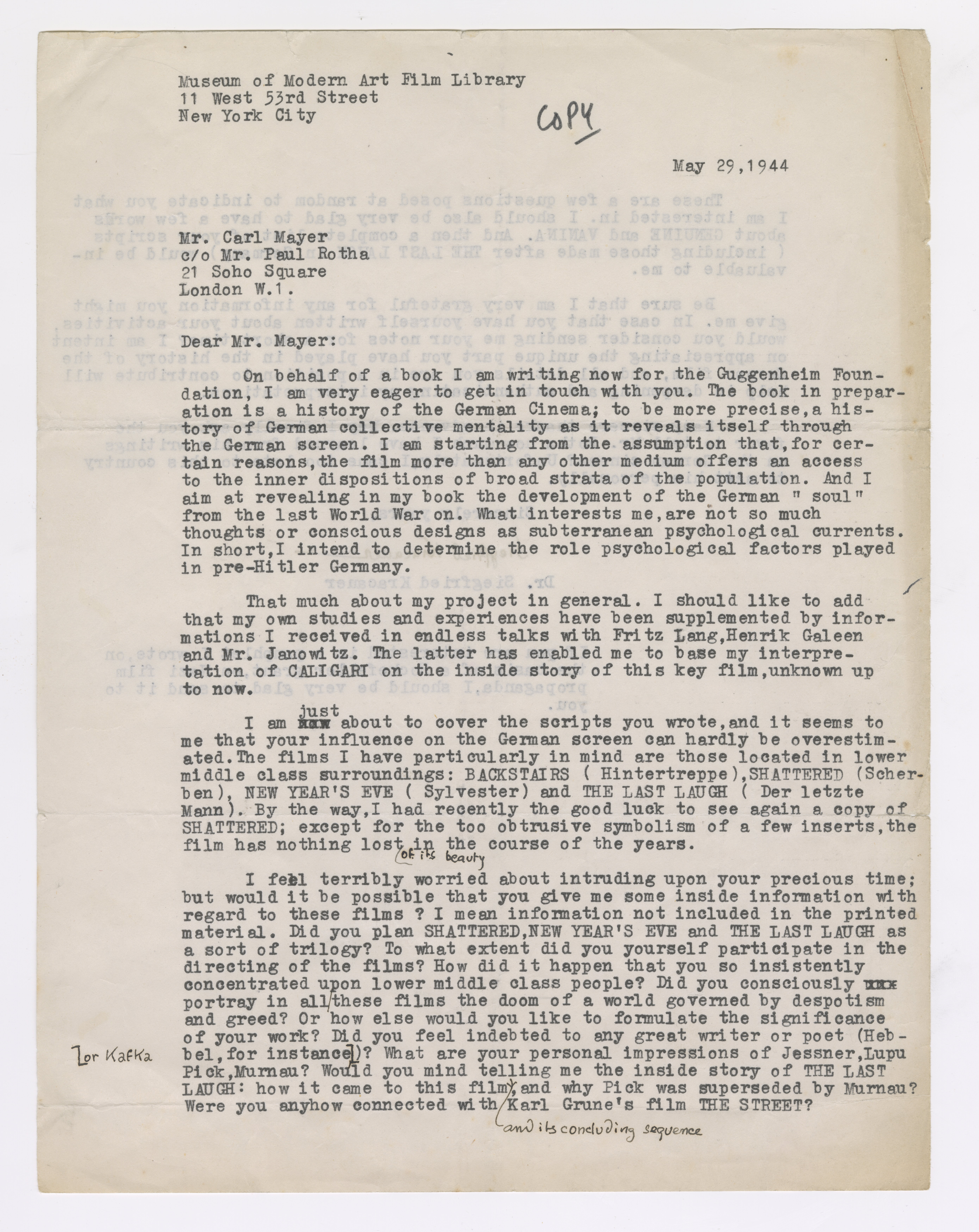 Scan of a 1944 letter from Siegfried Kracauer, Museum of Modern Art Film Library, to Carl Mayer, asking about the origins of the Kammerspielfilm.