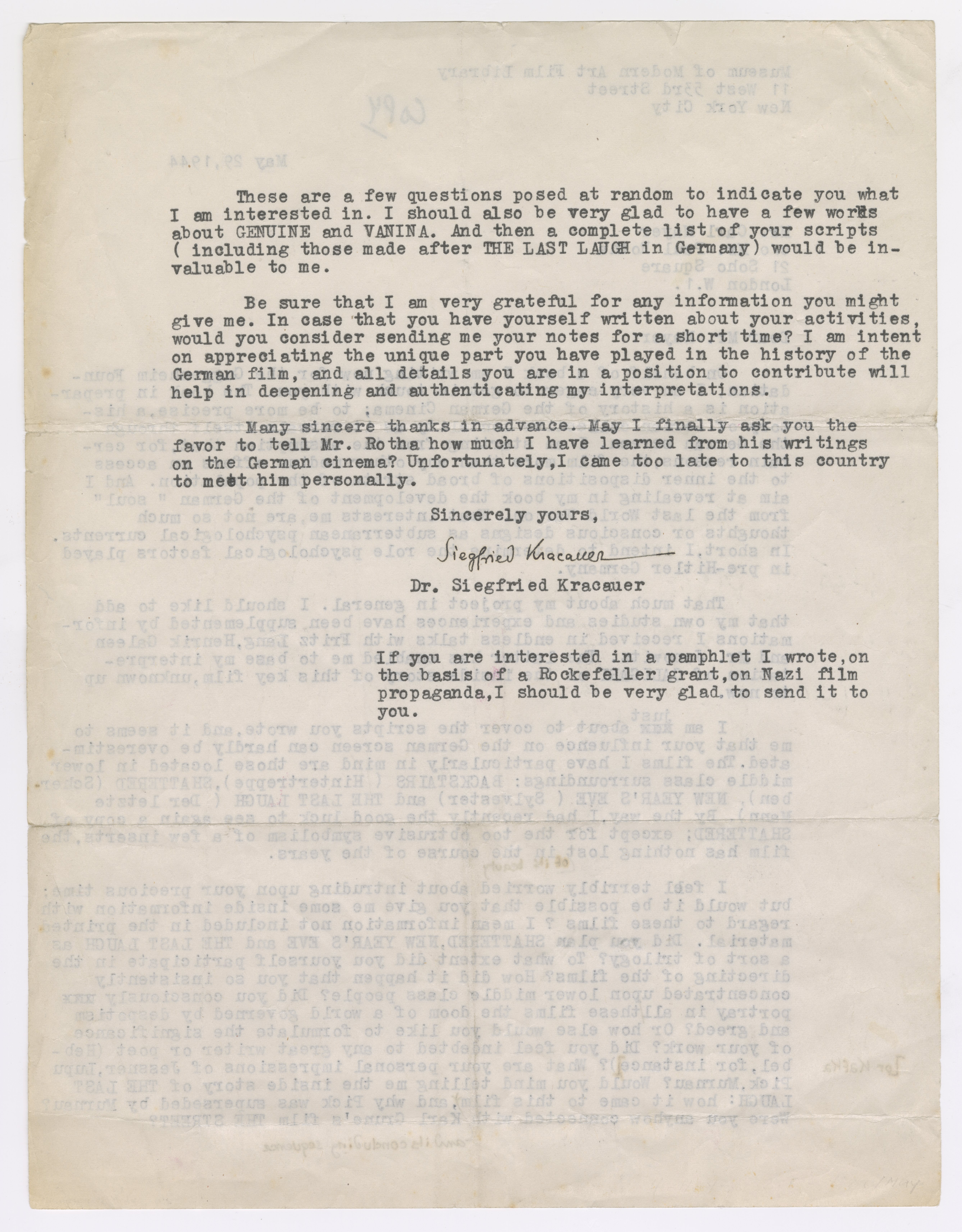 Second page of Siegfried Kracauer's 1944 letter to Carl Mayer, signed "Sincerely yours, Siegfried Kracauer."