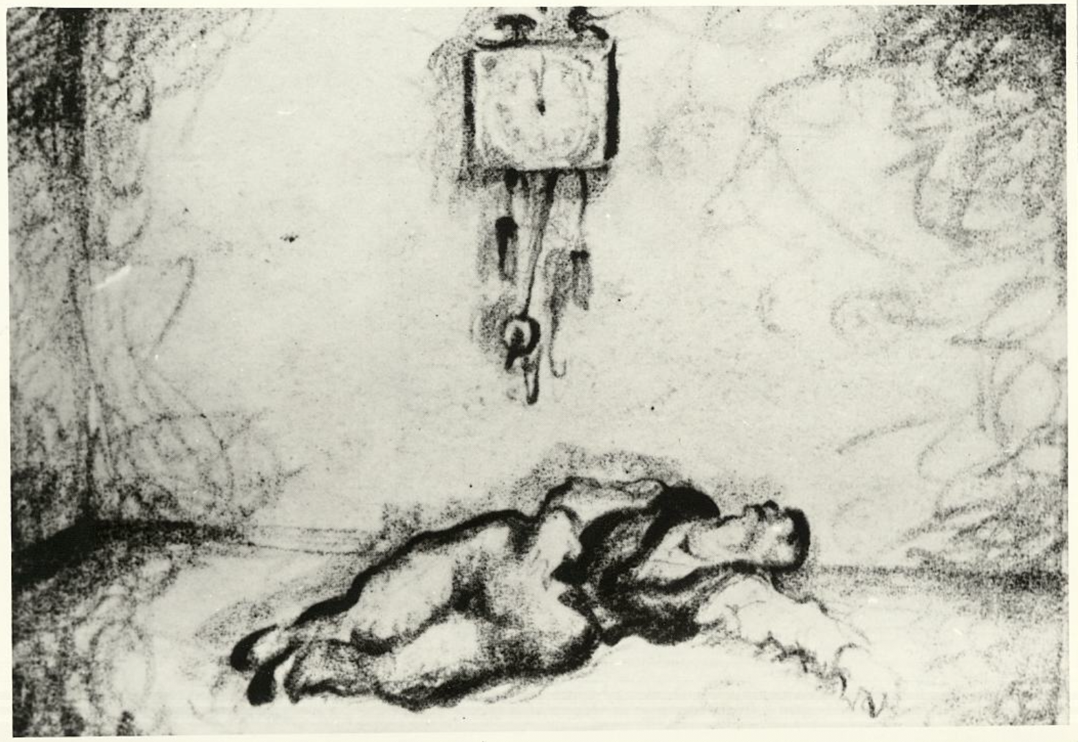 Set-design sketch by Klaus Richter for Sylvester: a body lying on the floor beneath a hanging pendulum wall clock.