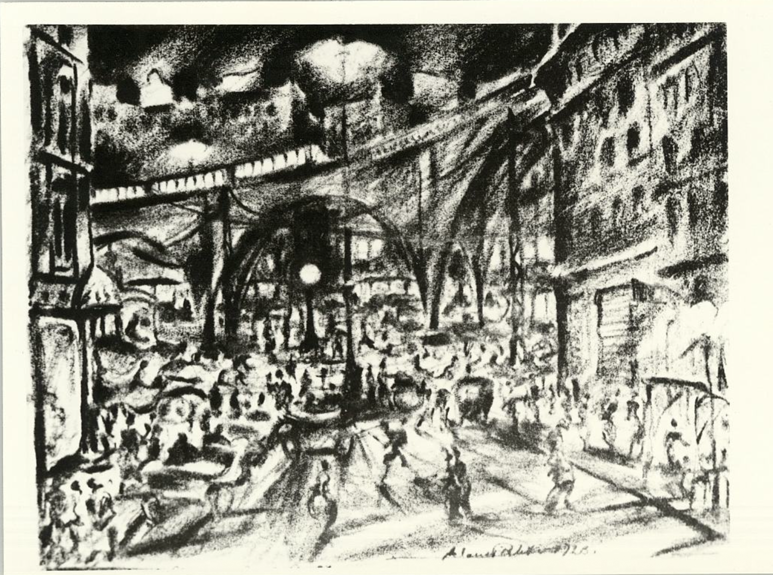 Lithograph by Klaus Richter: a crowded, brightly lit city street beneath an elevated railway, 1923.