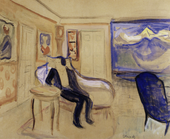 Edvard Munch-style painting: a man collapsed in an armchair in an interior hung with paintings.