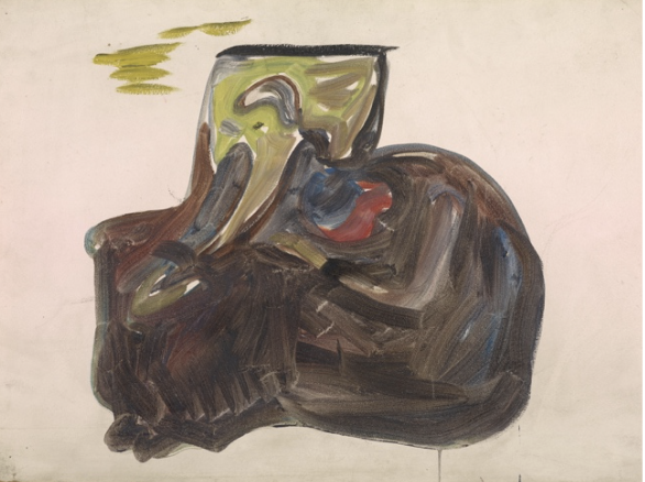 Expressionist painting by Edvard Munch of two embracing figures, likely his sketch of Mrs. Alving embracing her son Osvald from Ghosts.