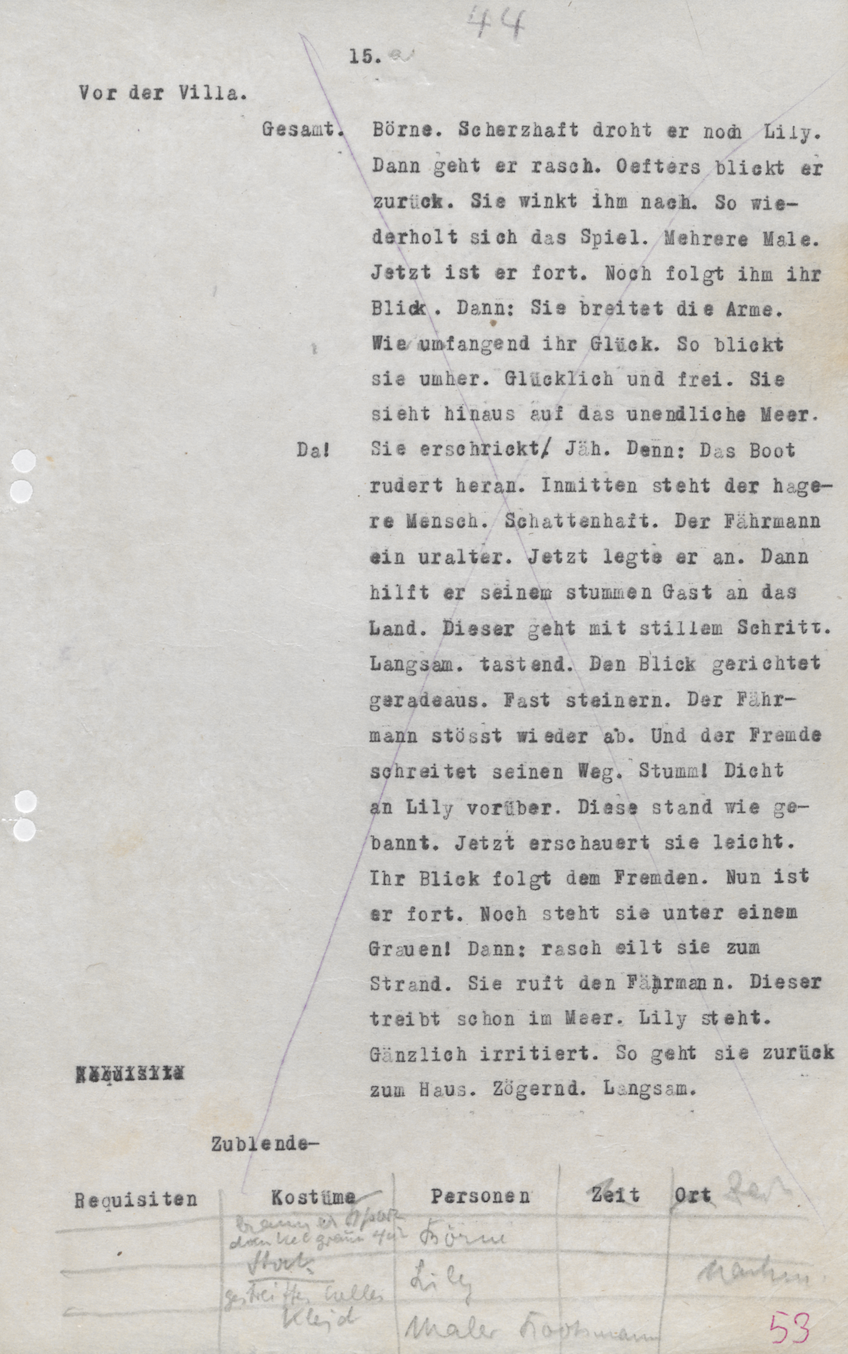 Scanned page from Carl Mayer's typed German screenplay manuscript, scene 15 ("Vor der Villa").