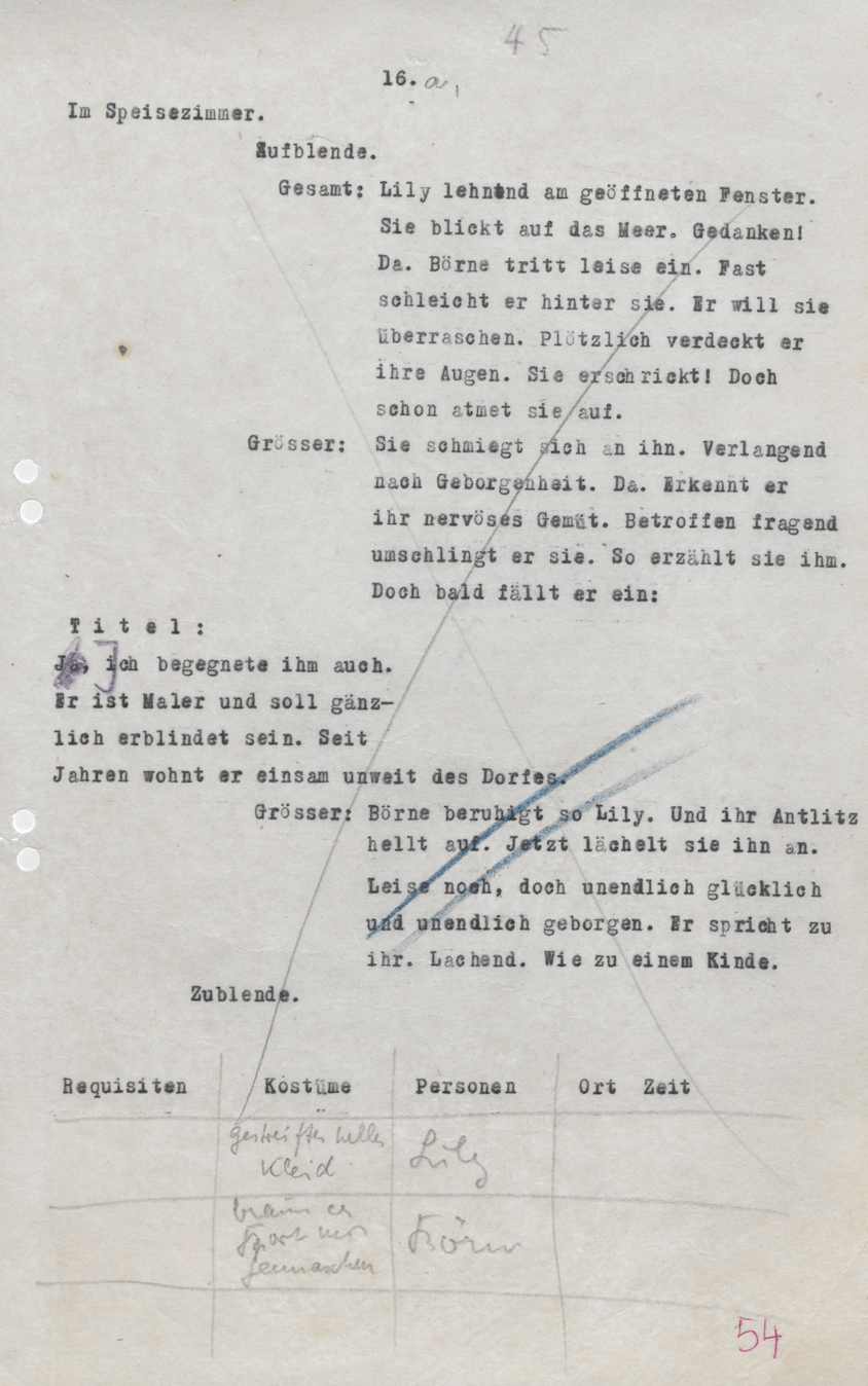 Scanned page from Carl Mayer's typed German screenplay manuscript, scene 16.1 ("Im Speisezimmer"), with a production notes table.