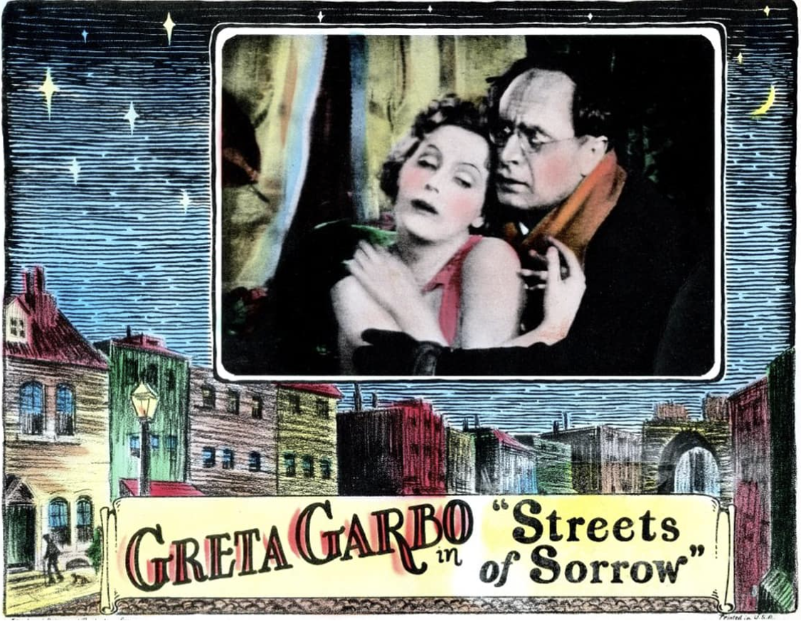 French re-release poster by F. Gaborit: "Greta Garbo dans le chef d'oeuvre de G.W. Pabst — La Rue Sans Joie, 1925," a drawn portrait of Garbo beside a cobblestone street scene.