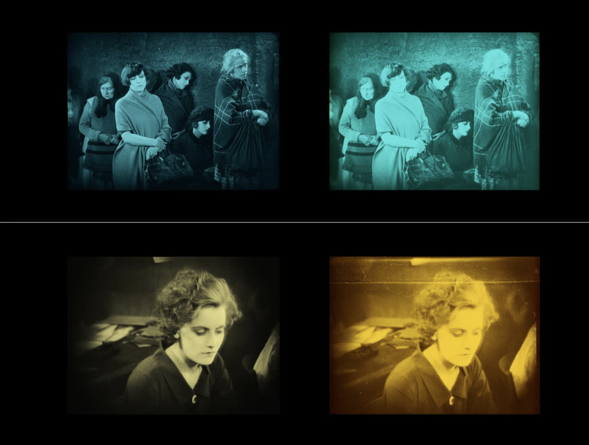 Left: Digital scan and digital tinting. Right: Analog color print using the Desmet color process.