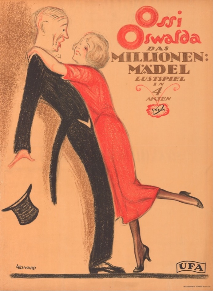 Illustrated poster for Das Millionenmädel starring Ossi Oswalda: a couple dancing, illustrated by Leonard, UFA/Union.