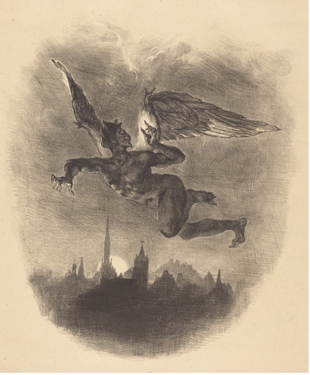 19th-century engraving of a winged Mephistopheles flying over a moonlit city skyline, from an illustrated edition of Goethe's Faust.