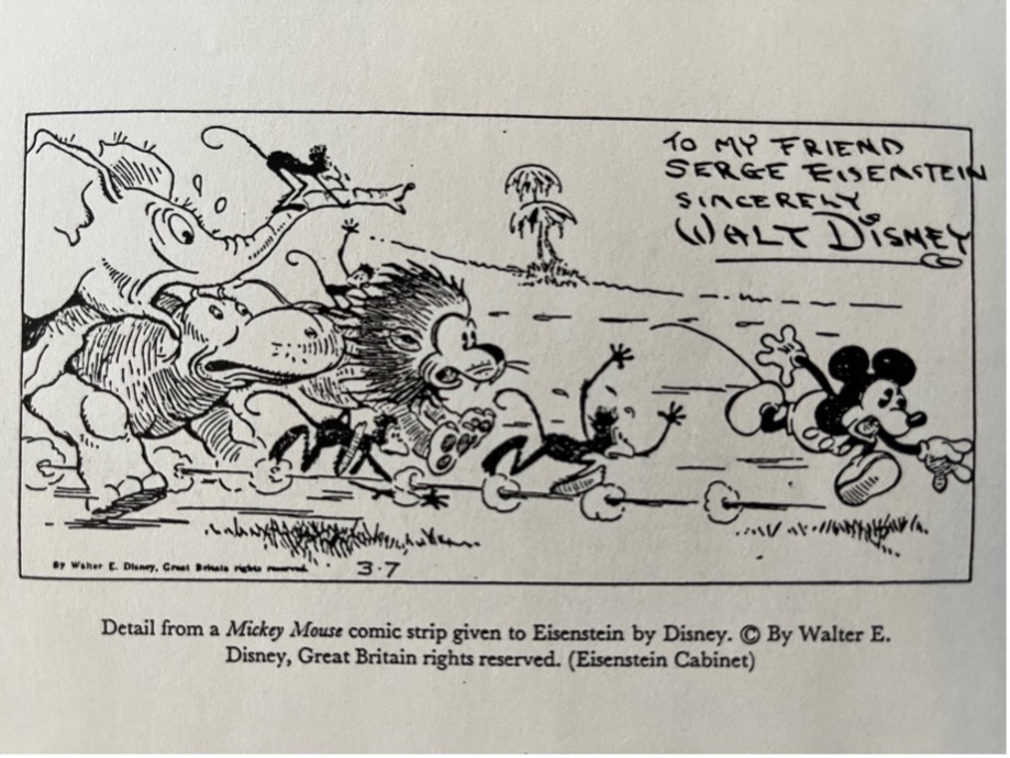 Detail from a Mickey Mouse comic strip Walt Disney gave to Sergei Eisenstein, inscribed "To my friend Serge Eisenstein sincerely Walt Disney," showing Mickey fleeing a chasing elephant, hippo, lion, and monkeys.