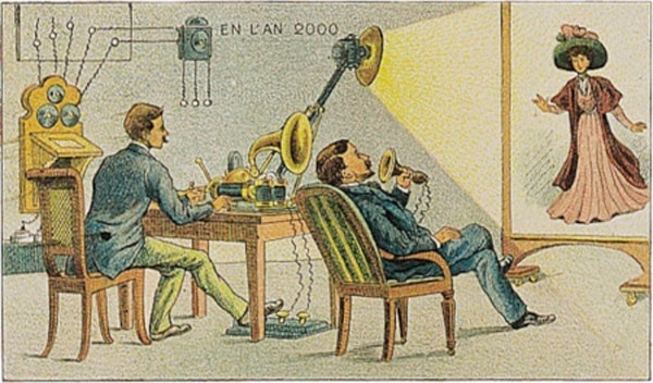 "En l'an 2000" (In the Year 2000), a French illustration of the fictional telephonoscope: two men at a wall-mounted viewing device watch a projected image of a woman.