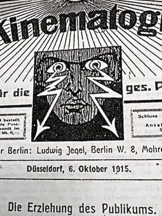 Masthead detail of the German trade journal Der Kinematograph, 6 October 1915, with a stylized woodcut face and lightning-bolt motif.